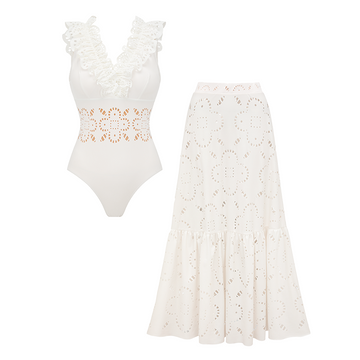 Ruffle White Laser Cutting Flower Hollow Swimsuit Set(s)