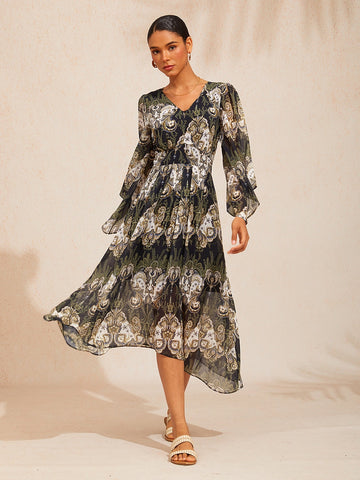 Green Mandala Floral Flowy Chiffon Maxi Dress