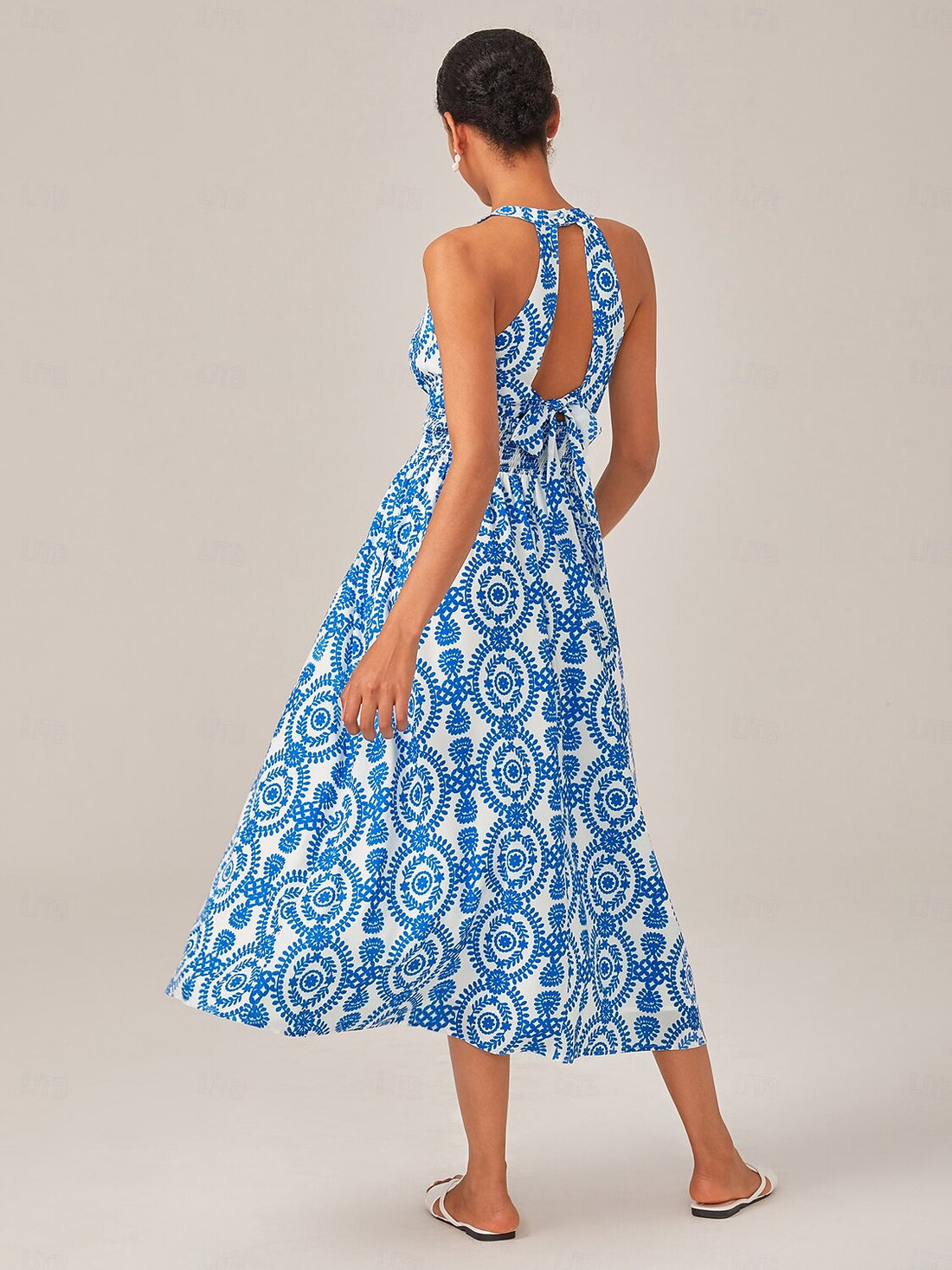 Chiffon Geometric Print Resort-Style Halter Fitted Waist Maxi Dress