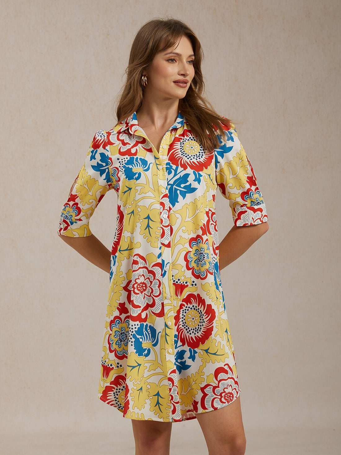Vacation Satin Yellow Floral Print Shirt Mini Dress