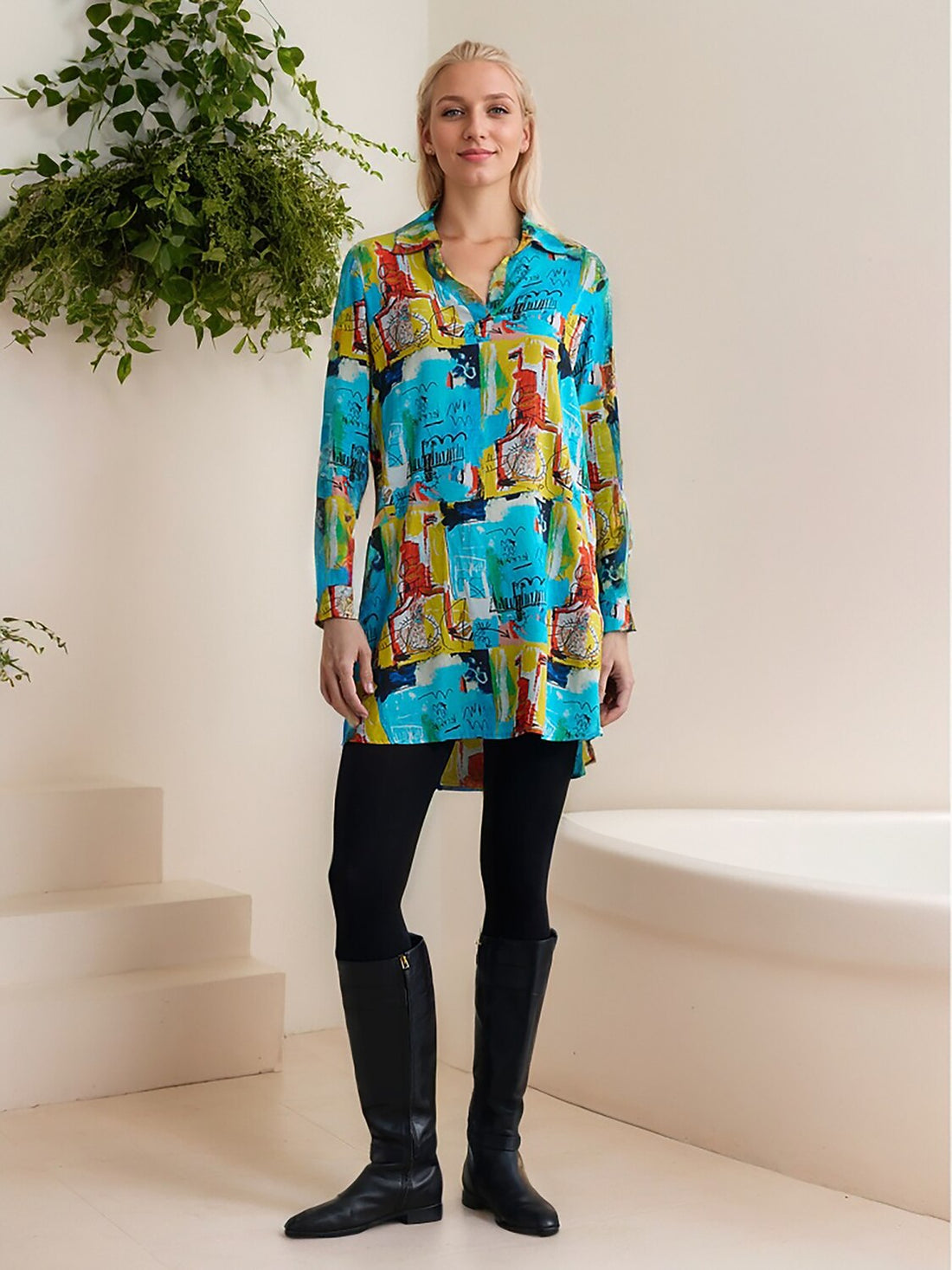 Rayon Graffiti Cuff Lapel Shirt Mini Dress