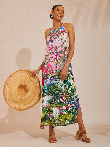Pink Jungle Party Silky Satin Diamond Maxi Dress
