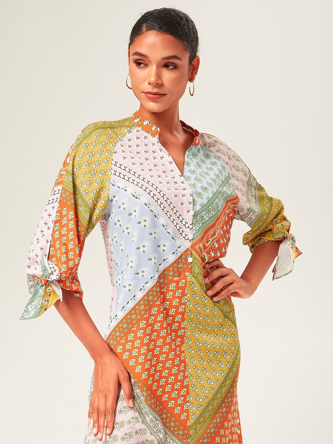 Colorful Print Tie Shirt Maxi Dress