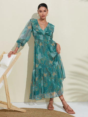 Floral Chiffon Tropical Flowers Puff  Sleeve Maxi Dress