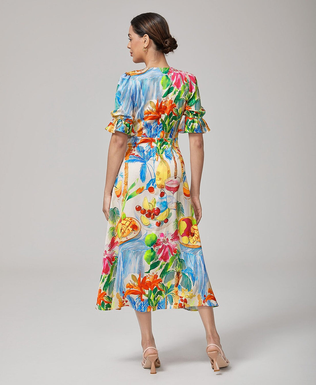 Fruit Floral Print Cinched Waist Dress
