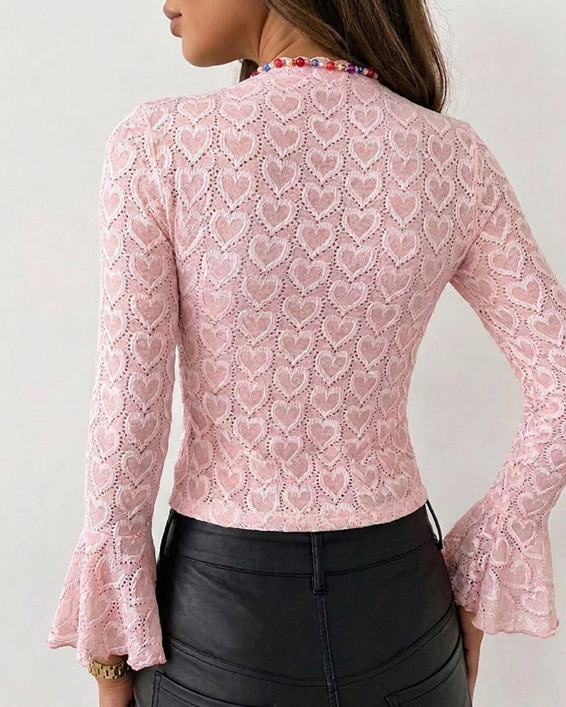 CHICME Women's Heart Jacquard Knit Top Mock Neck Long Sleeve Flare Cuff Slim Fit Blouse with Frill Trim and Hollow-out Details