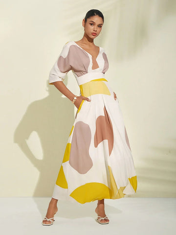 Satin Artistic Floral Print Pocket Maxi Dress