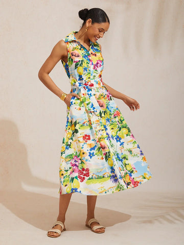 Holiday Citrus Garden Linen-Style Shirt Dress