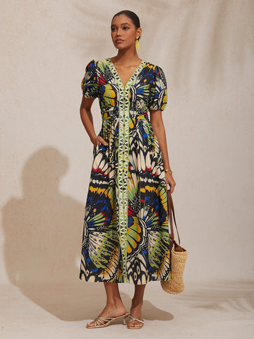 Jungle Butterfly Airy Linen Look Maxi Dress