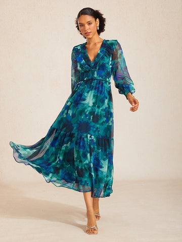 Ocean Bloom Reverie Flowy Chiffon Maxi Dress