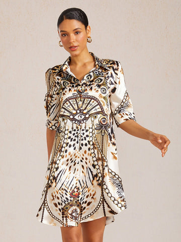Vintage Leopard Jewelry Silky Satin Straight Shirt Dress