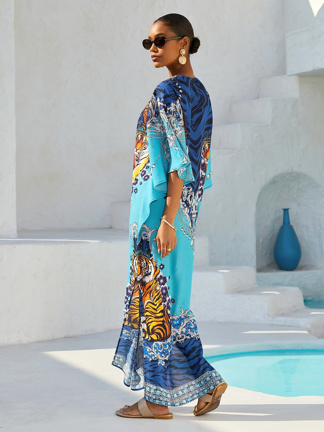 Indigo Tigress Flowy Chiffon Maxi Dress