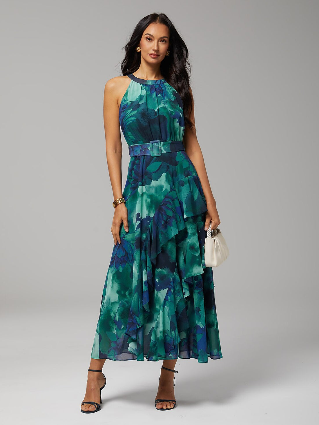 Abstract Floral Ruffle Chiffon Maxi Dress