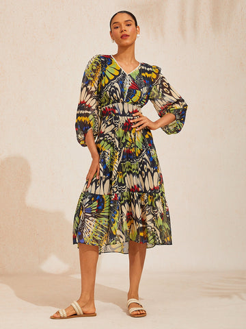 Jungle Butterfly Flowy Chiffon Midi Dress