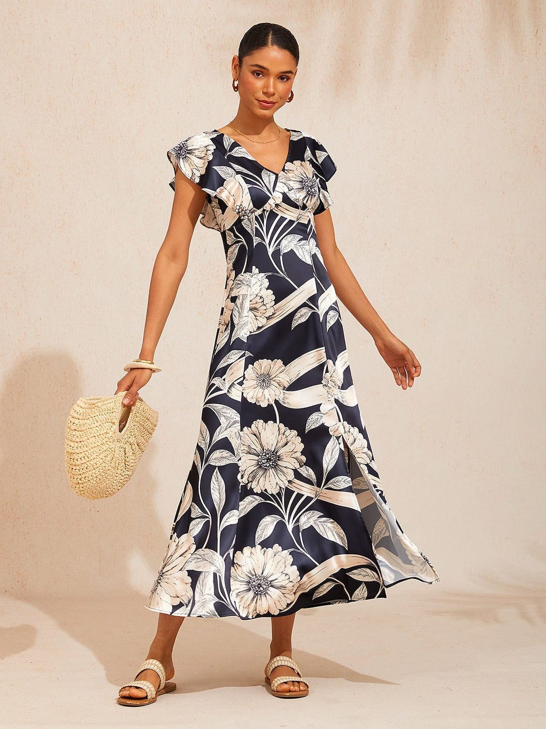 Golden Petal Silky Satin Maxi Dress