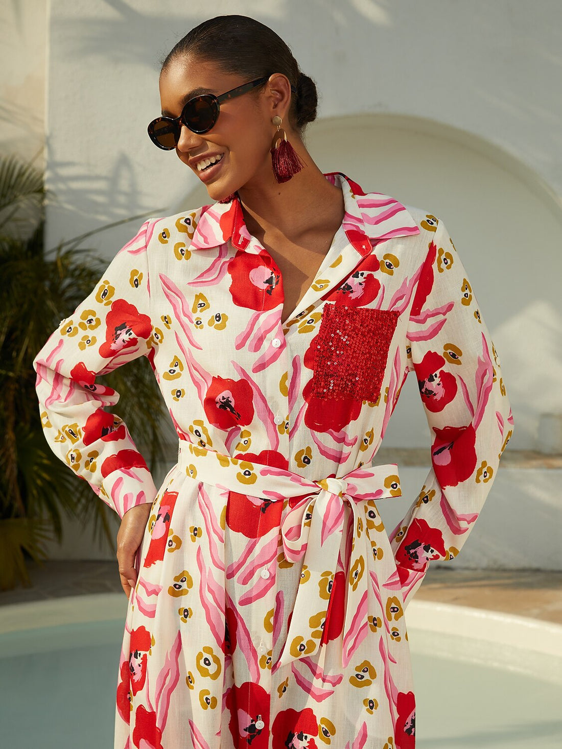 Abstract Floral Airy Linen Style Shirt Dress