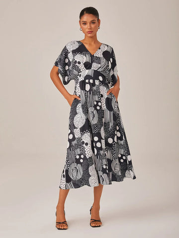 Chiffon Geometric Polka Dot Print Midi Dress