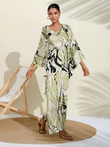 Satin Artistic Print Kaftan Maxi Dress