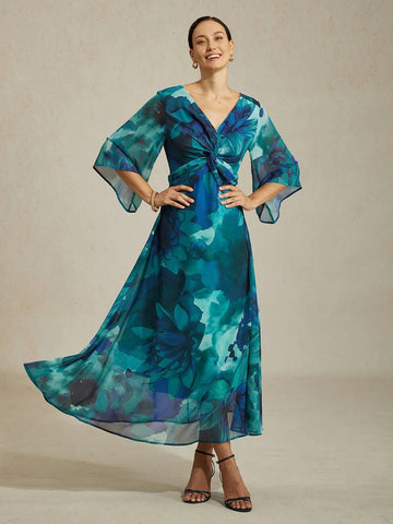 Chiffon Green Abstract Floral Print Twist Knot Maxi Dress