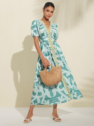 Puff Sleeves Linen-Style A-Line Dress