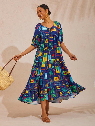 Summer Escape Geometric A-Line Satin Maxi Dress