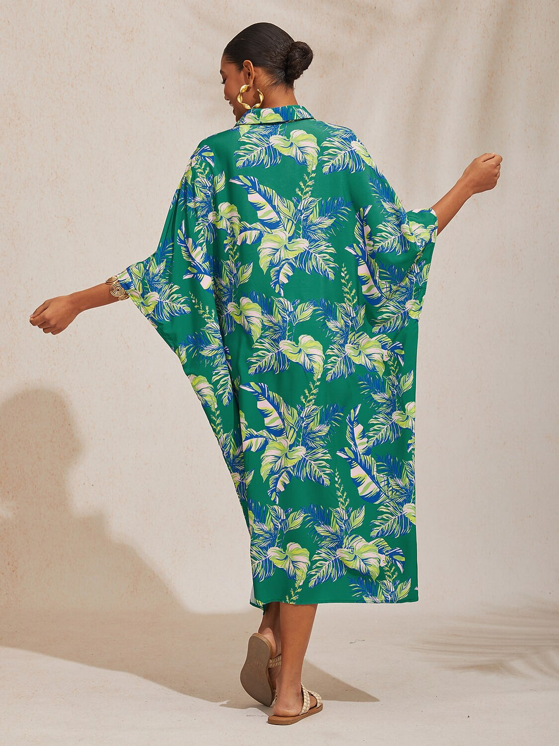 Leaf Print Shirt Short Sleeve Midi Chiffon Dress