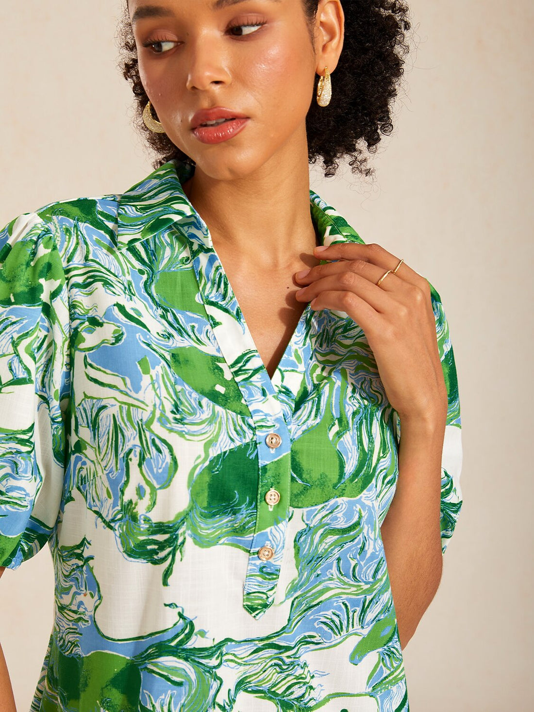 Graphic Art Mustang Shirt Collar Linen Look Midi Dress