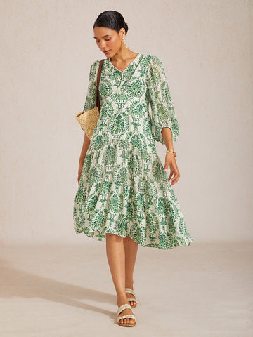 Verdant Baroque Bloom Flowy Chiffon Midi Dress
