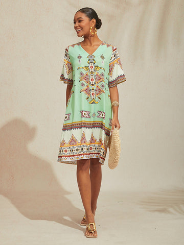 Ethnic Totem Silky Satin Midi Dress
