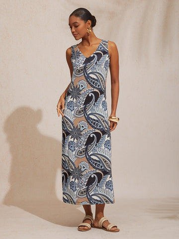 Abstract Paisley Fitted High Stretch Knit Maxi Dress