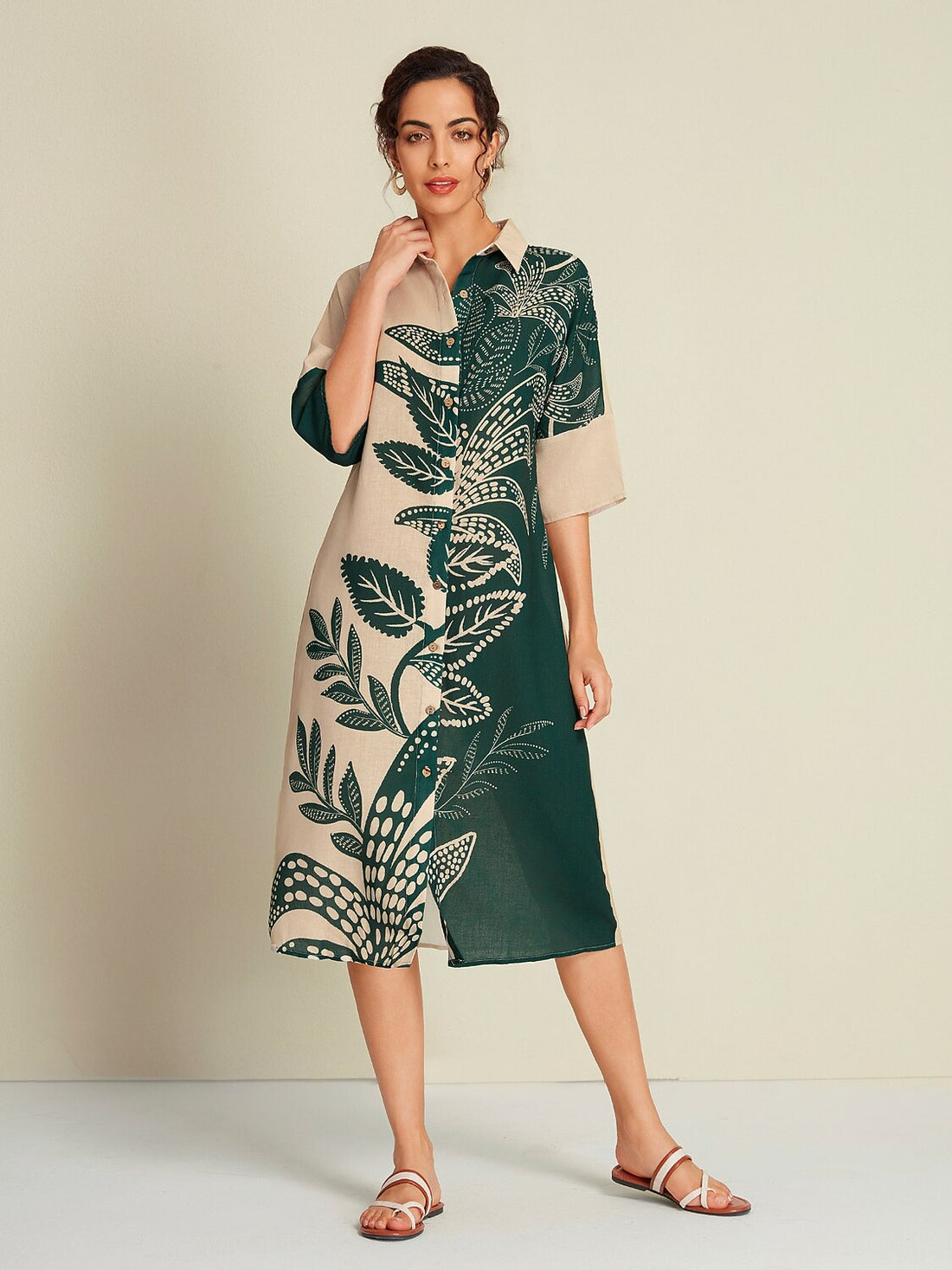 Leaf Print Half Sleeve Midi Shirt Dress