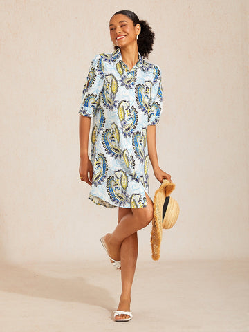 Skyline Paisley Flora  Silky Satin Shirt Dress