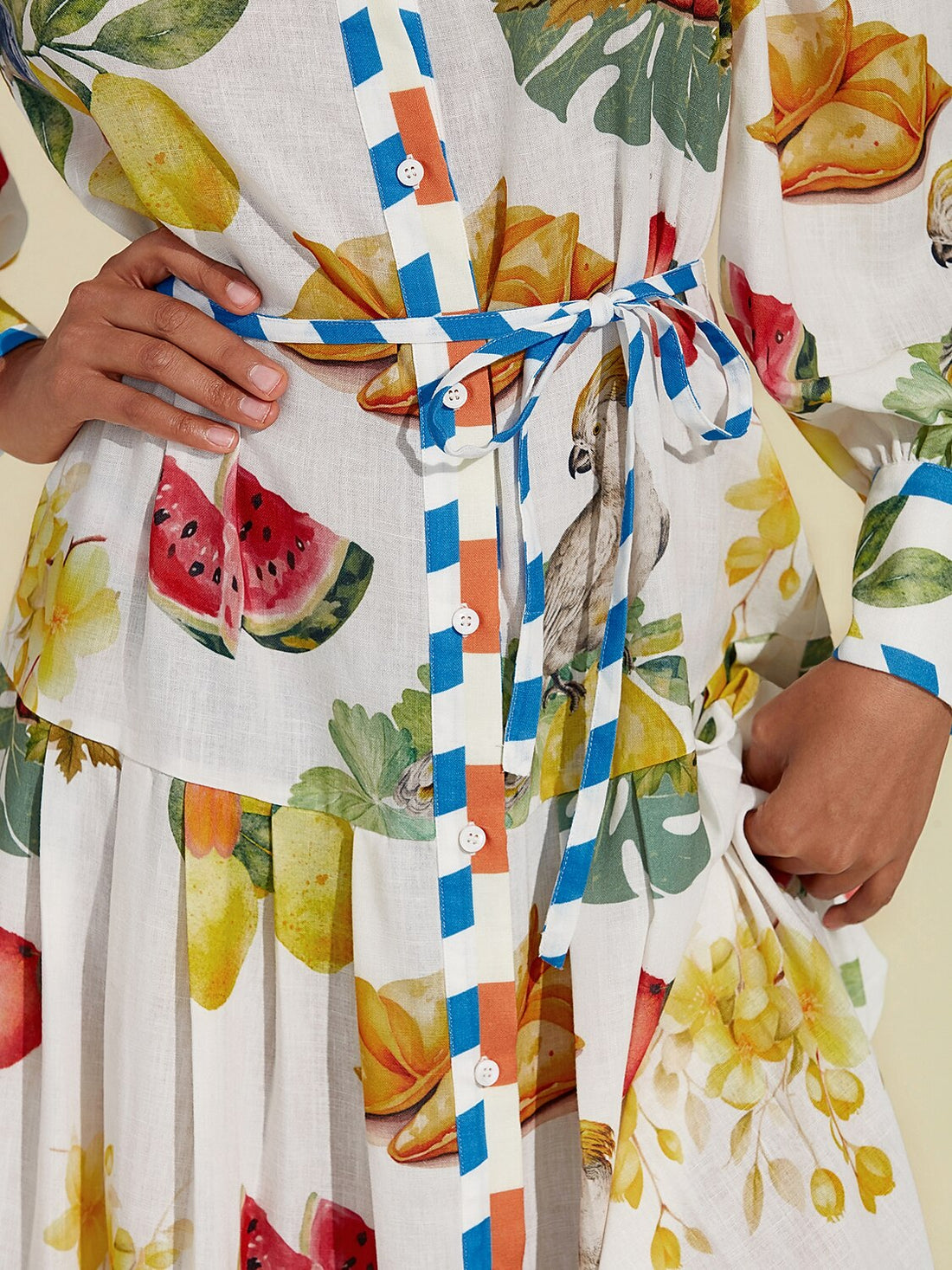 Linen-Cotton Stripe Fruit Print Midi Shirt Dress