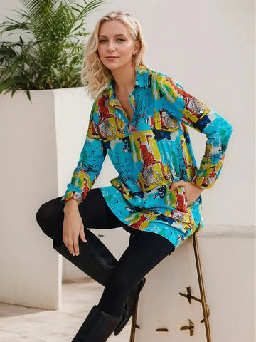 Rayon Graffiti Cuff Lapel Shirt Mini Dress