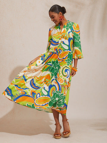 Boho Paisley Silky Satin Maxi Dress