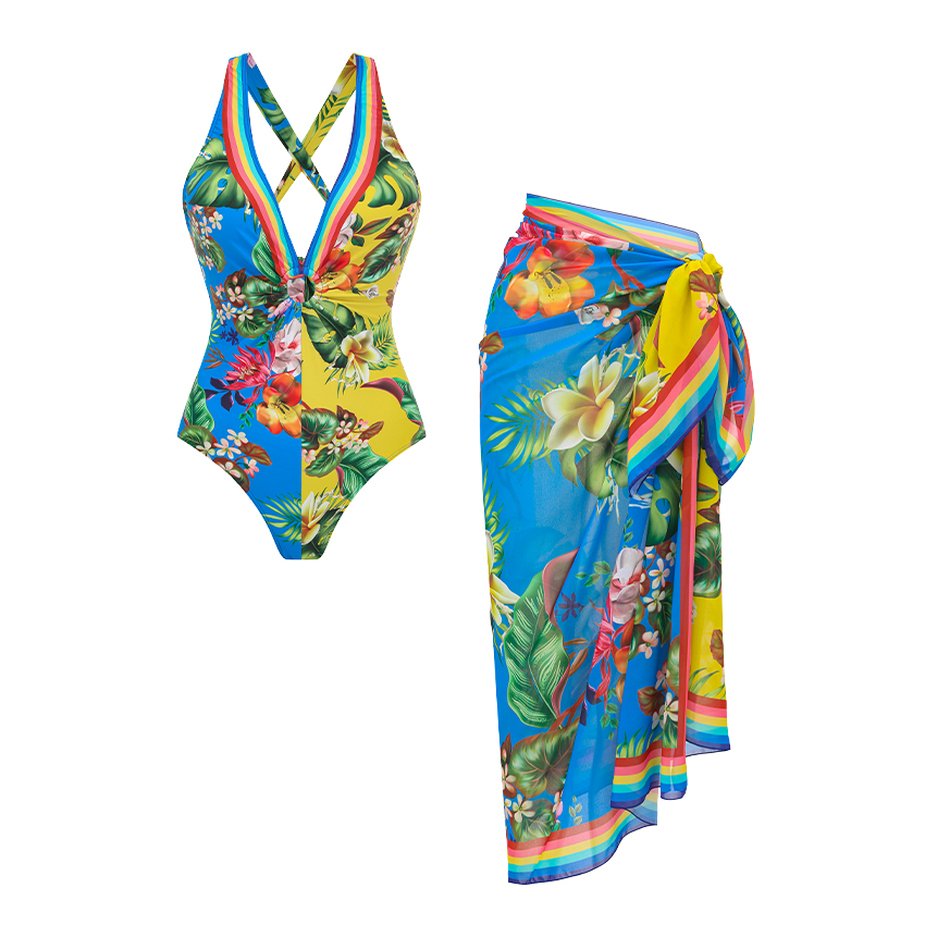 V Neck Color Block Printed Swimsuit Set(s)