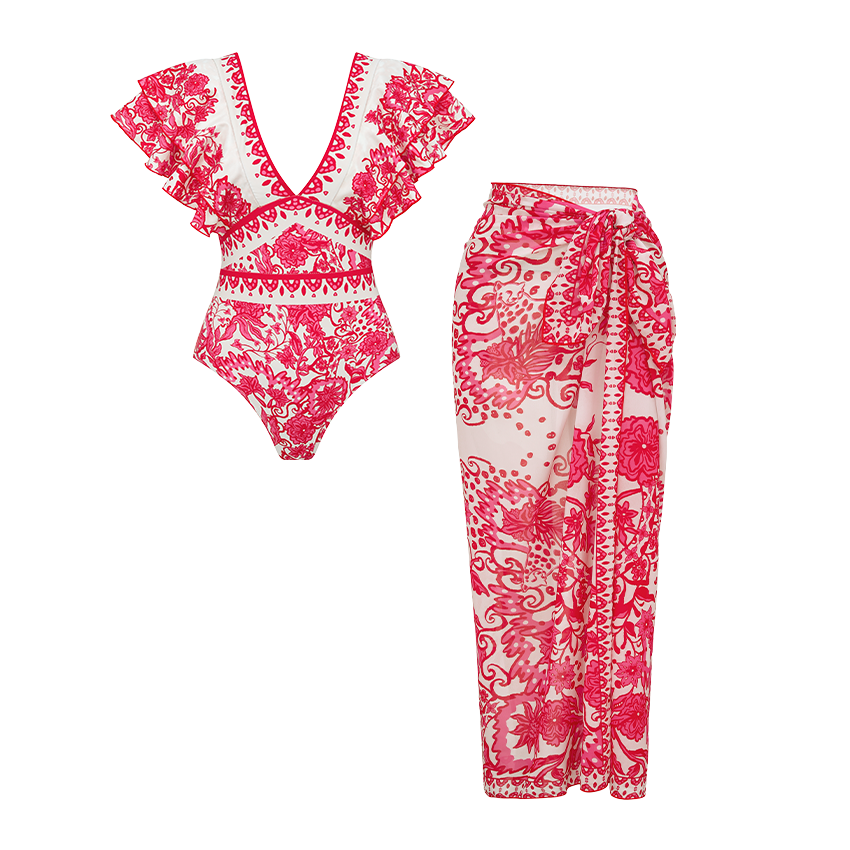 V Neck Ruffle Printed Swimsuit Set(s)