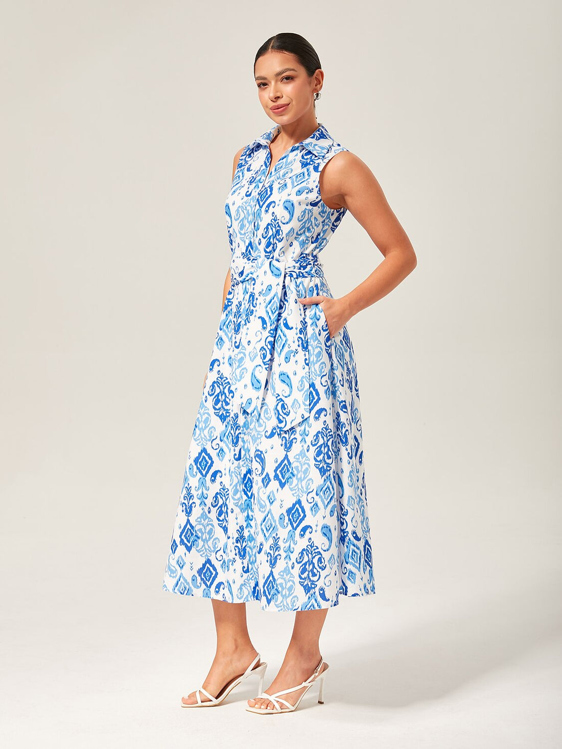 Monochrome Print Linen Like Shirt Midi  Dress