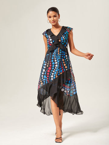 Colorblock Polka Dot Print Chiffon Ruffle Maxi Dress