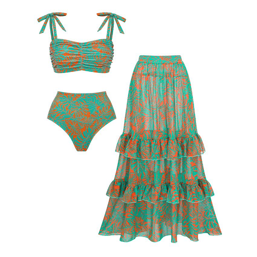 Bandage Bowknot Design Color Block Printed Swimsuit Set(s)