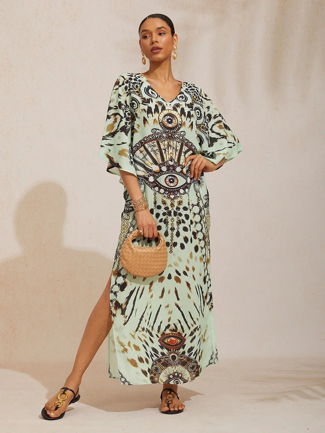 Vintage Leopard Jewelry Chiffon Dolman Sleeve Maxi Dress