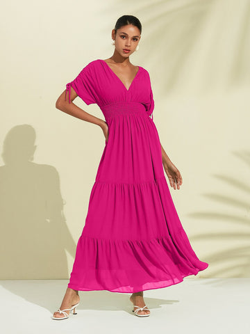 Rose Red Short Sleeve Vacation Chiffon Dress