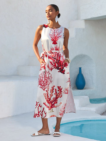 Coral Riviera Silky Satin Vacation Maxi Dress