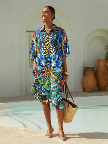 Jungle Wild Party Flowy Chiffon Feather Shirt Dress