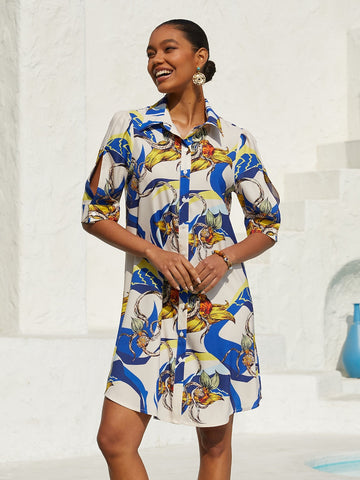 Ocean Blue Orchid Silky Satin Floral Shirt Dress