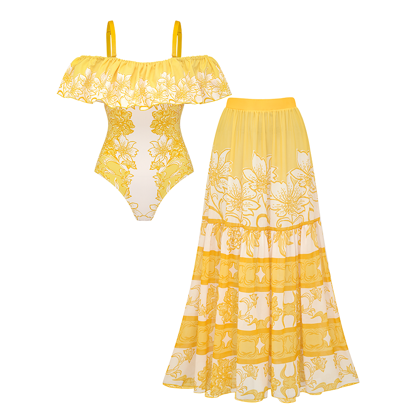 Off Shoulder Blossom Print Swimsuit Set(s)