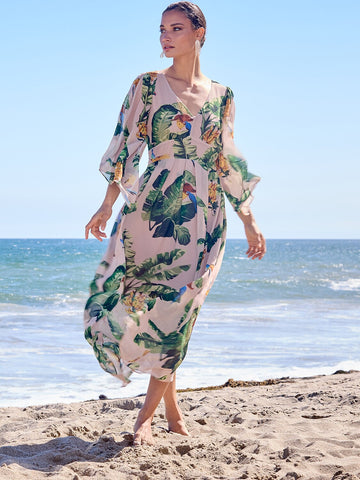 Chiffon Botanical Print Flowy Maxi Dress Vacation