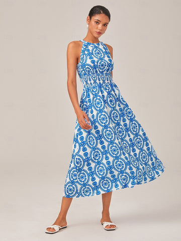 Chiffon Geometric Print Resort-Style Halter Fitted Waist Maxi Dress
