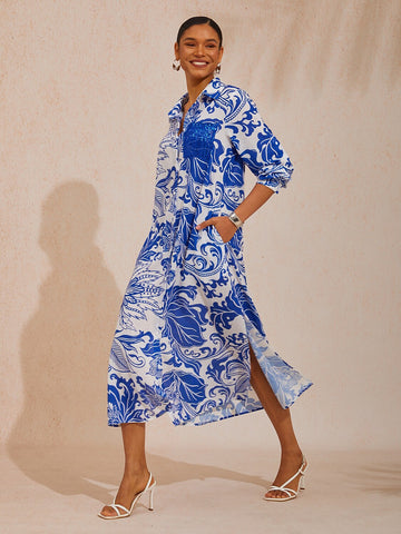 St Barth Blooms Airy Linen Style Shirt Dress