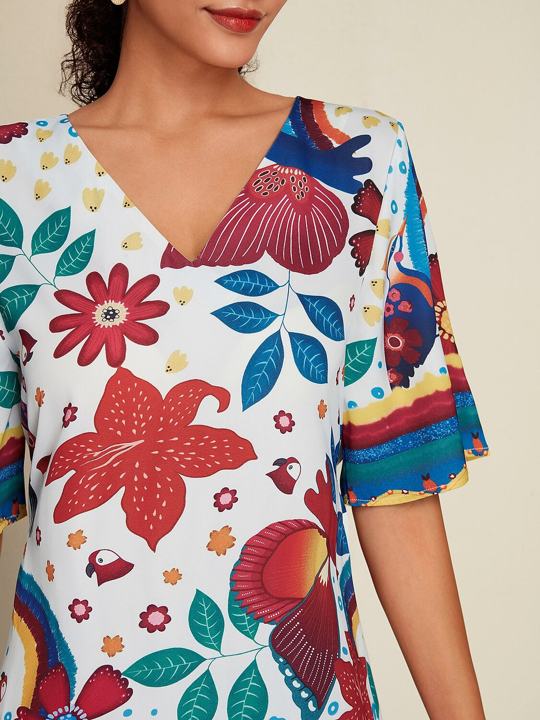 Satin Floral Print Half Sleeve V Neck Mini Dress